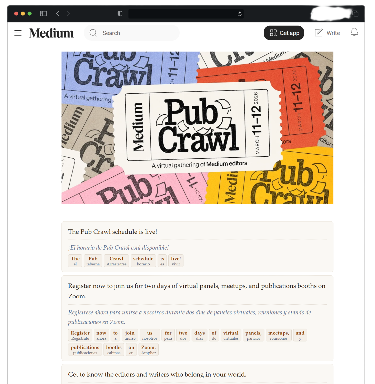 Bilingual Translate in action — side-by-side translation with word-by-word breakdown on a real webpage